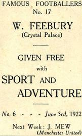 1922 Sport and Adventure Famous Footballers #17 Albert Feebury Back