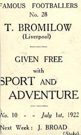 1922 Sport and Adventure Famous Footballers #28 Tom Bromilow Back