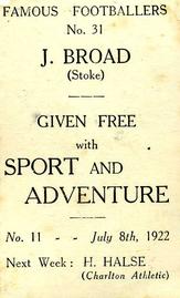 1922 Sport and Adventure Famous Footballers #31 Jimmy Broad Back