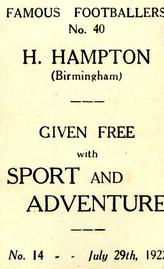 1922 Sport and Adventure Famous Footballers #40 Harry Hampton Back