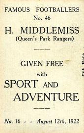 1922 Sport and Adventure Famous Footballers #46 Bert Middlemiss Back