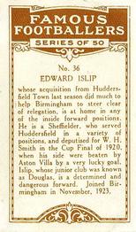 1924 British American Tobacco Famous Footballers #36 Ernie Islip Back