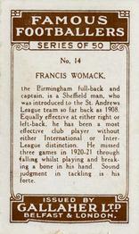 1926 Gallaher Famous Footballers #14 Frank Womack Back