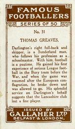 1926 Gallaher Famous Footballers #31 Tommy Greaves Back