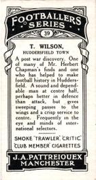 1927 J. A. Pattreiouex Footballers Series 1 #39 Tom Wilson Back