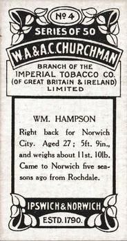 1914 Churchman's Footballers #4 Billy Hampson Back