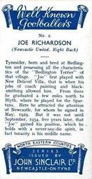 1938 John Sinclair Well Known Footballers (North Eastern Counties) #2 Joe Richardson Back