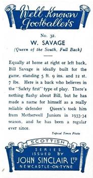 1938 John Sinclair Well Known Footballers (Scottish) #32 William Savage Back