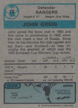 1975-76 Topps Footballers (Scottish, Blue Back) #17 John Greig Back