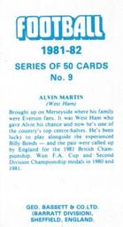 1981-82 Bassett & Co. Football #9 Alvin Martin Back