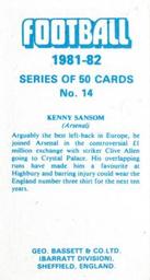 1981-82 Bassett & Co. Football #14 Kenny Sansom Back