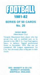 1981-82 Bassett & Co. Football #25 Nicky Reid Back