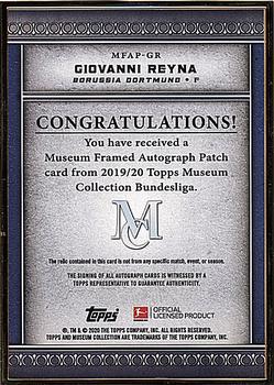 2019-20 Topps Museum Collection Bundesliga - Museum Framed Autograph Patch #MFAP-GR Giovanni Reyna Back