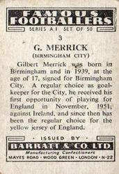 1953 Barratt & Co. Famous Footballers (A1) #3 Gil Merrick Back