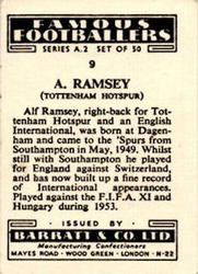 1954 Barratt & Co. Famous Footballers (A2) #9 Alf Ramsey Back