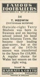 1957 Barratt & Co. Famous Footballers (A5) #34 Terry Medwin Back