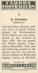 1958 Barratt & Co. Famous Footballers (A6) #3 Dave Bowen Back