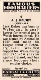 1958 Barratt & Co. Famous Footballers (A6) #4 Jack Kelsey Back