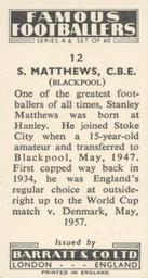 1958 Barratt & Co. Famous Footballers (A6) #12 Stanley Matthews Back