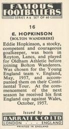1958 Barratt & Co. Famous Footballers (A6) #16 Eddie Hopkinson Back