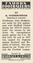 1958 Barratt & Co. Famous Footballers (A6) #23 Alan Hodgkinson Back