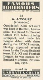 1958 Barratt & Co. Famous Footballers (A6) #31 Alan A'Court Back