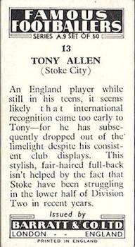 1961 Barratt & Co. Famous Footballers (A9) #13 Tony Allen Back