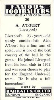 1961 Barratt & Co. Famous Footballers (A9) #36 Alan A'Court Back