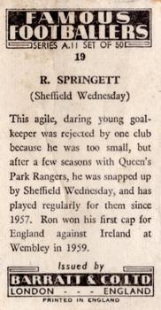 1963 Barratt & Co. Famous Footballers (A11) #19 Ron Springett Back