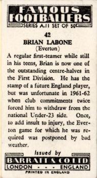 1963 Barratt & Co. Famous Footballers (A11) #42 Brian Labone Back
