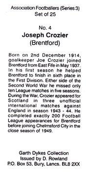 1999 David Rowland Association Footballers Series 3 #4 Joe Crozier Back
