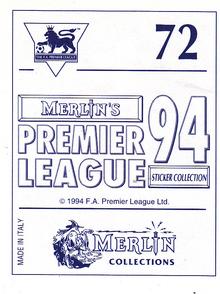 1993-94 Merlin's Premier League 94 Sticker Collection #72 Andy Dow Back