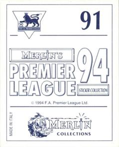 1993-94 Merlin's Premier League 94 Sticker Collection #91 Mick Quinn Back