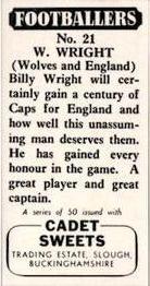 1958 Cadet Sweets Footballers #21 Billy Wright Back