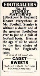 1958 Cadet Sweets Footballers #44 Stanley Matthews Back