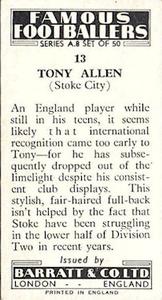 1961 Barratt & Co. Famous Footballers (A9) - A8 Misprint #13 Tony Allen Back