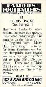 1961 Barratt & Co. Famous Footballers (A9) - A8 Misprint #25 Terry Paine Back