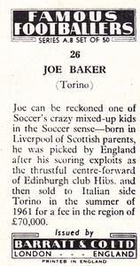 1961 Barratt & Co. Famous Footballers (A9) - A8 Misprint #26 Joe Baker Back