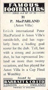 1961 Barratt & Co. Famous Footballers (A9) - A8 Misprint #31 Peter McParland Back