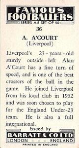 1961 Barratt & Co. Famous Footballers (A9) - A8 Misprint #36 Alan A'Court Back