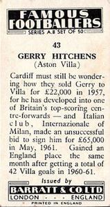 1961 Barratt & Co. Famous Footballers (A9) - A8 Misprint #43 Gerry Hitchens Back