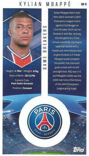 2020-21 Topps UEFA Champions League Best of the Best - Game Breakers #GB-5 Kylian Mbappé Back