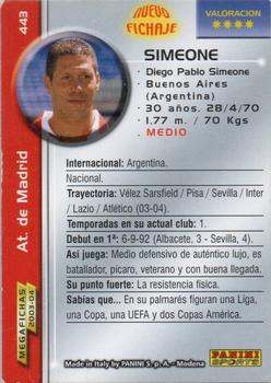 2003-04 Panini LaLiga Megafichas #443 Simeone Back