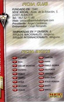 2003-04 Panini LaLiga Megafichas #1 Albacete Balompié Back