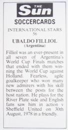 1978-79 The Sun Soccercards #56 Ubaldo Fillol Back