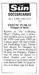 1978-79 The Sun Soccercards #310 Ferenc Puskas Back