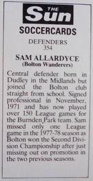 1978-79 The Sun Soccercards #354 Sam Allardyce Back