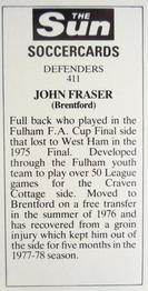 1978-79 The Sun Soccercards #411 John Fraser Back
