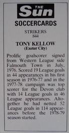 1978-79 The Sun Soccercards #844 Tony Kellow Back