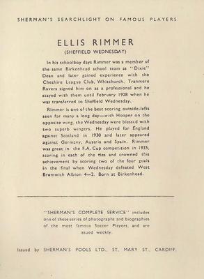 1937 Shermans Pools Searchlight on Famous Players #NNO Ellis Rimmer Back